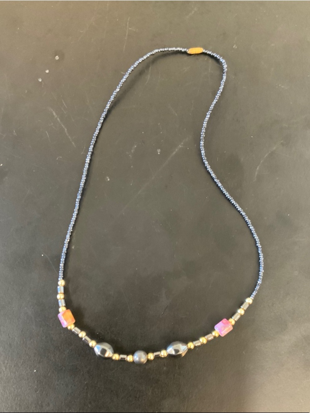 Handmade Blue Seed Bead Necklace with Pink Accent Beads